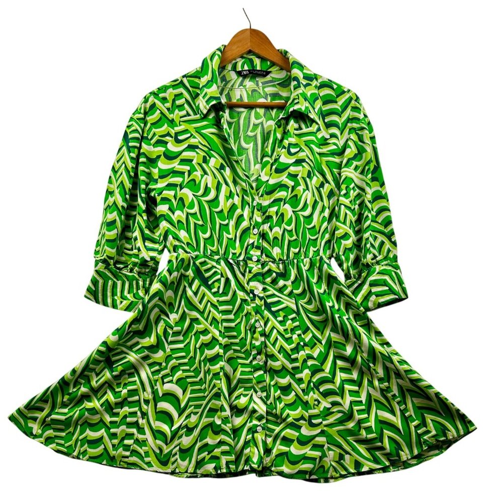 Zara Retro Swirl Shirt Dress Green White Mod Print Mini Summer Dress Sz SMALL - Picture 3 of 7